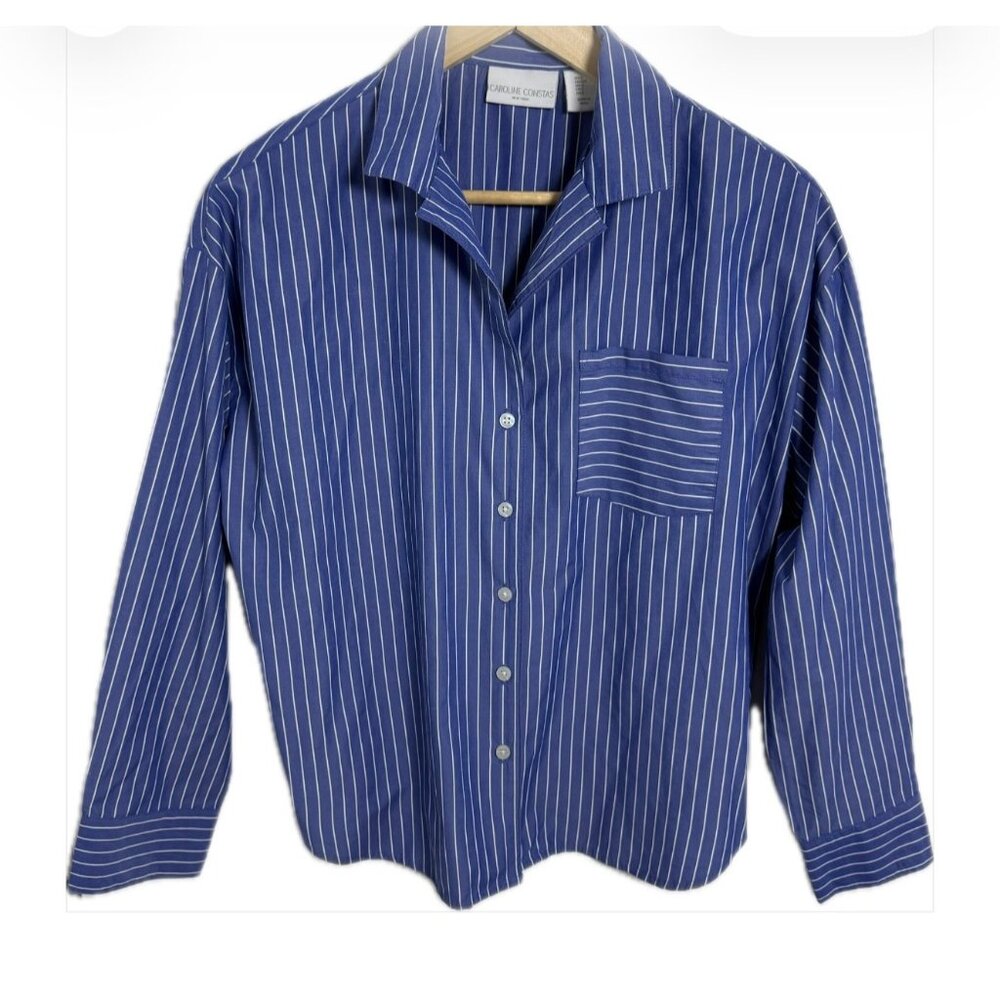 Caroline Constas Blue‎ Stripe Cotton Blouse Womens Small Oversized Resort Shirt